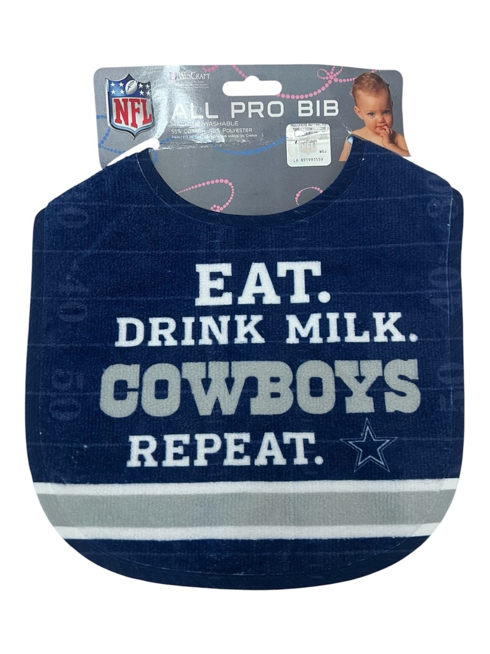 NWT NFL Dallas Cowboys WinCraft Navy Baby Bib Eat. Drink Milk. Cowboys. Repeat.